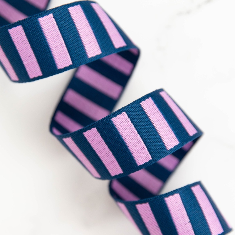 1 1/2″ Wide Bold Stripe Webbing: Navy & Peony