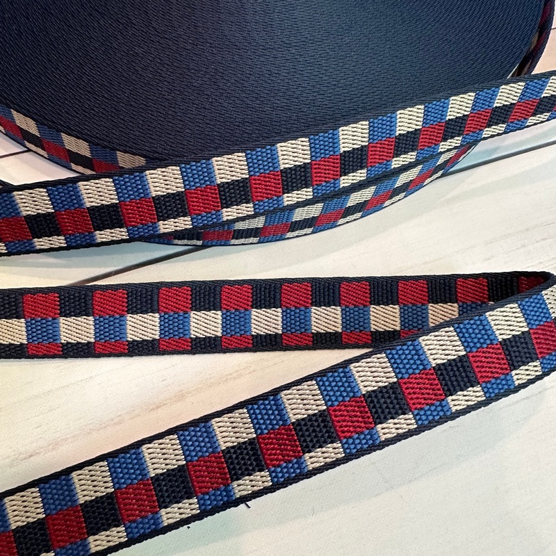 1″ Webbing: Picnic in Navy, Cream, Cranberry & Blue
