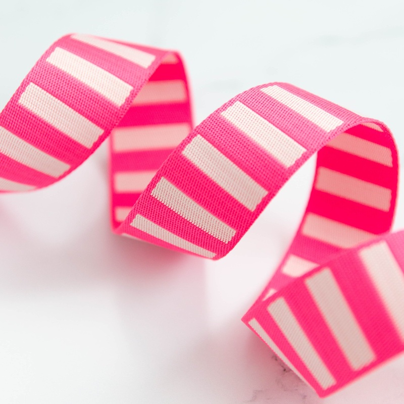 1 1/2″ Wide Bold Stripe Webbing: Neon Pink & Off White