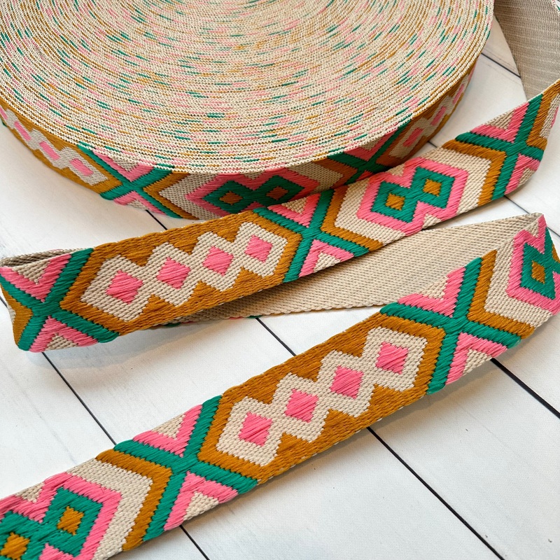 Webbing: XOXO in Pink, Gold & Aqua Yardage