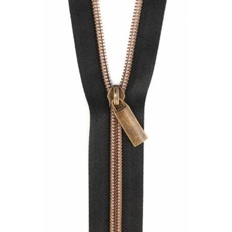 Zippers By The Yard Black Tape 3 yds #5 nylon coil & 9 pulls -Antique