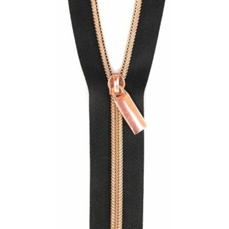 Zippers By The Yard Black Tape 3 yds #5 nylon coil & 9 rose gold pulls
