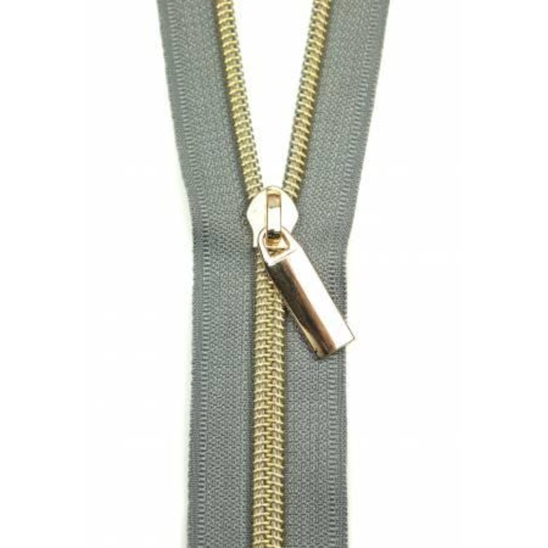 Zippers By The Yard Grey Tape 3 yds #5 nylon coil & 9 pulls – Gold