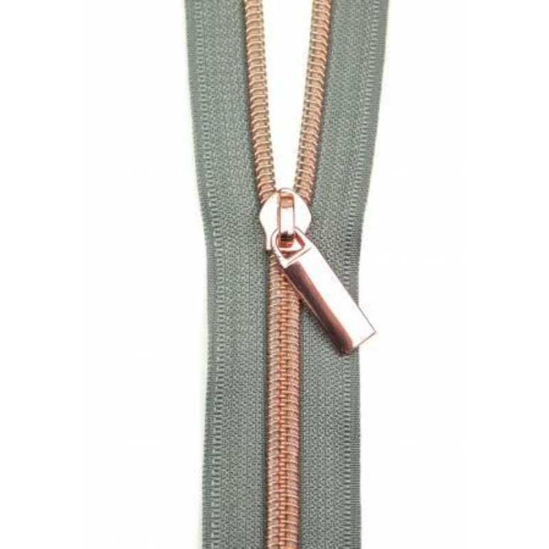 Zippers By The Yard Grey Tape 3 yds #5 nylon coil & 9 pulls rose gold