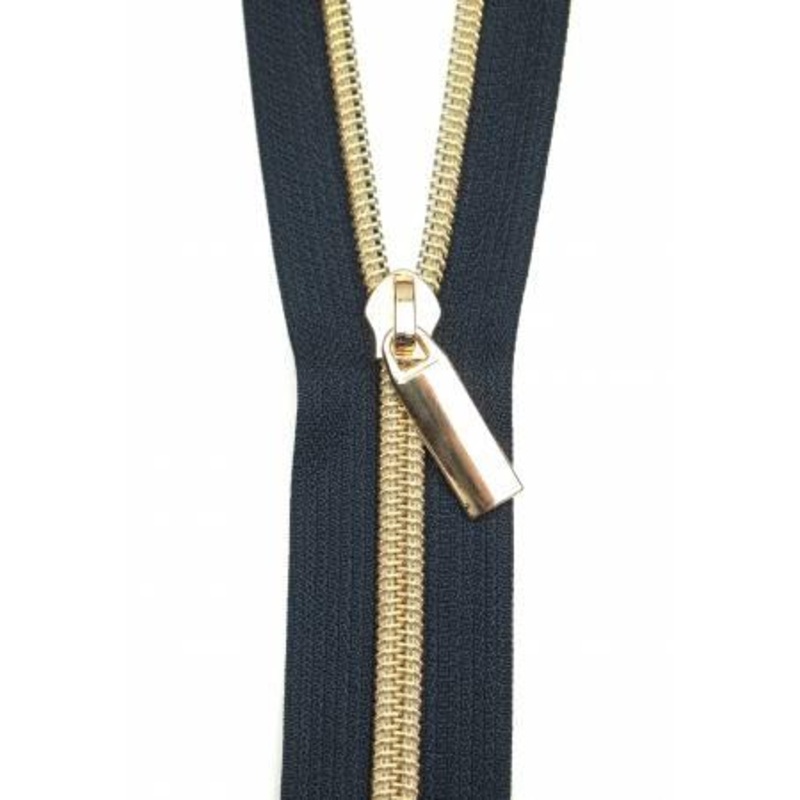 Zippers By The Yard Navy Tape 3 yds #5 nylon coil & 9 gold pulls
