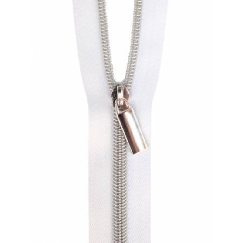 Zippers By The Yard White Tape 3 yds #5 nylon coil & 9 nickel pulls