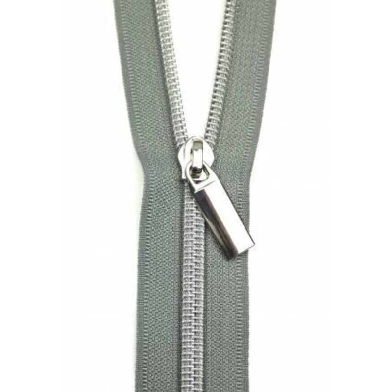 Zippers By The Yard Grey Tape 3 yds #5 nylon coil & 9 pulls nickel