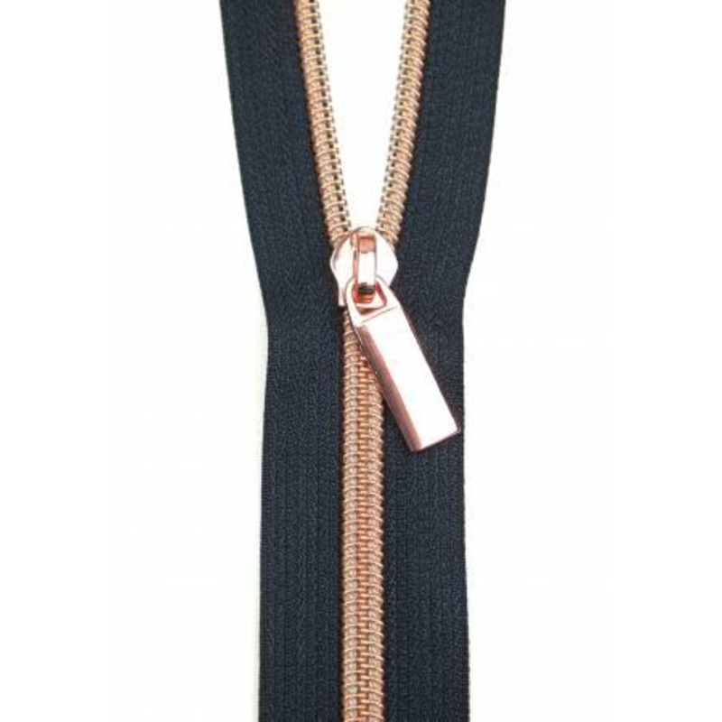 Zippers By The Yard Navy Tape 3 yds #5 nylon coil & 9 rose gold
