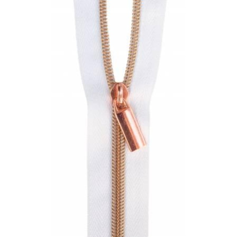 Zippers By The Yard White Tape 3 yds #5 nylon coil & 9 rose gold pulls