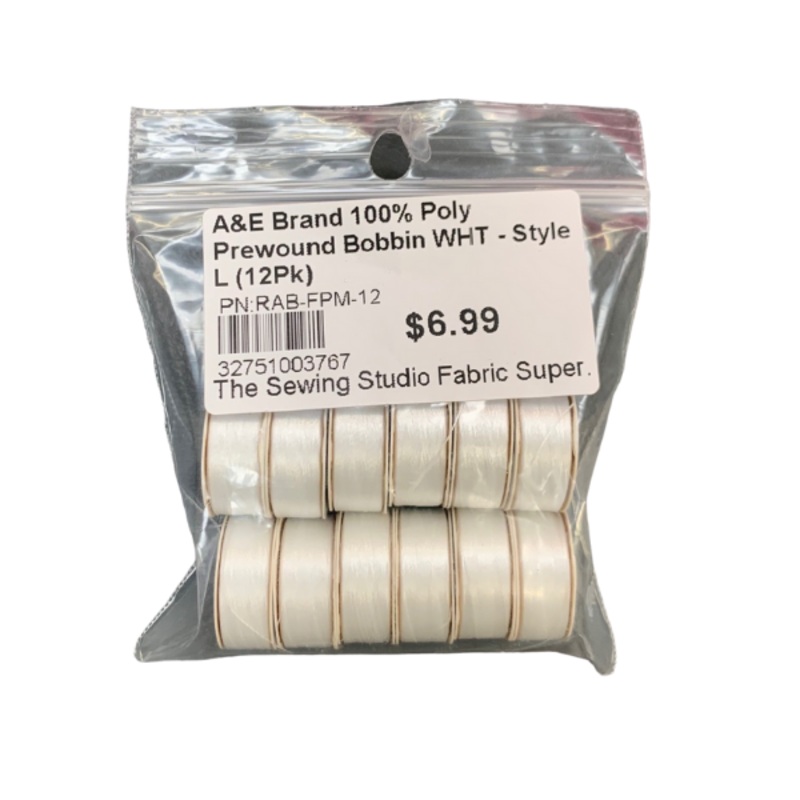A&E Brand 12pk 100% Poly Prewound Bobbin White – Style L – RAB-FPM-12