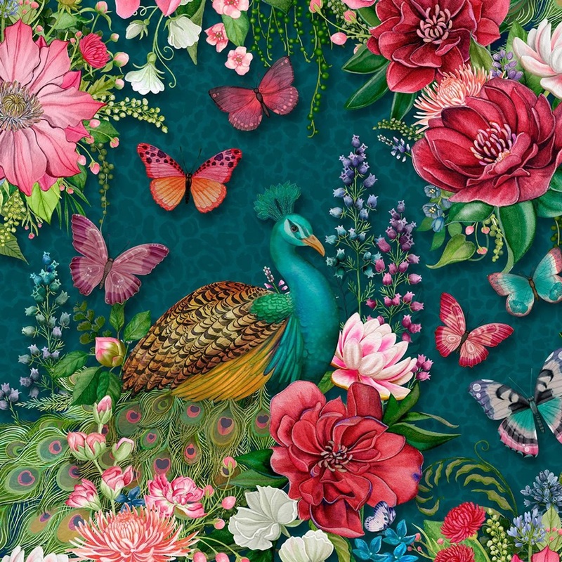 Wild Garden-Peacocks & Flowers Teal W100-003-919
