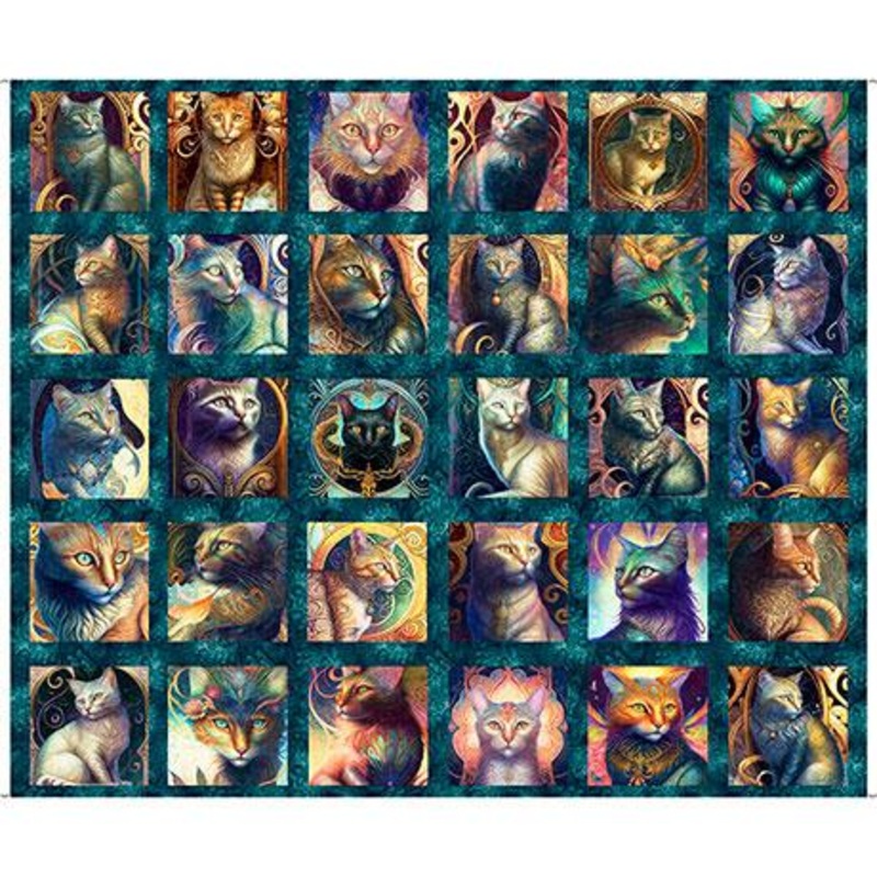 Feline Fantasia – 36″ Cat Picture Patches Panel Teal 2600-31368-Q