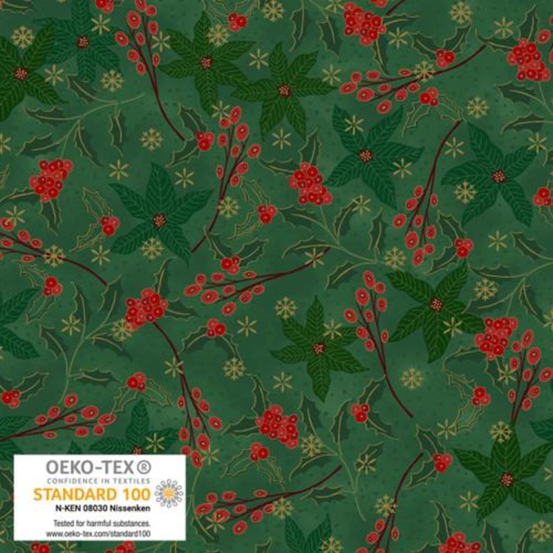 We Love Christmas Poinsetties and Hollies Metallic Green