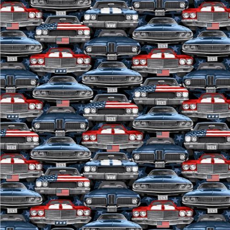 60″ Wide Patriotic Minky Muscle Cars Multi