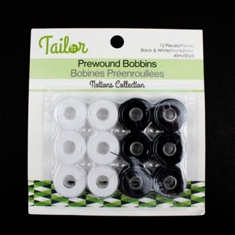12 PRE-WOUND BOBBINS 50YDS 000 WHITE/BLACK