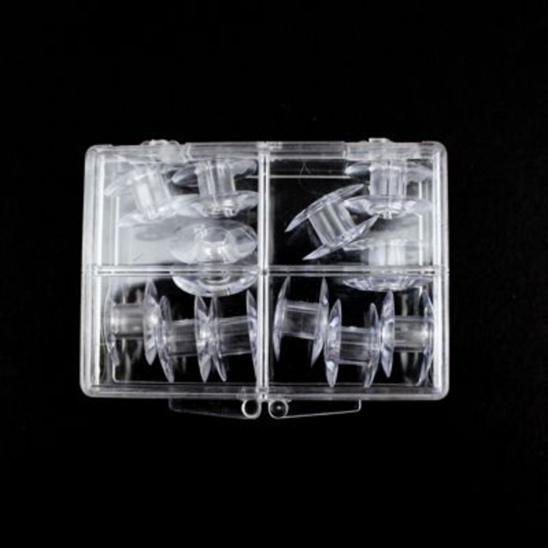 12 REUSABLE PLASTIC BOBBINS IN PLASTIC CASE 000 CLEAR