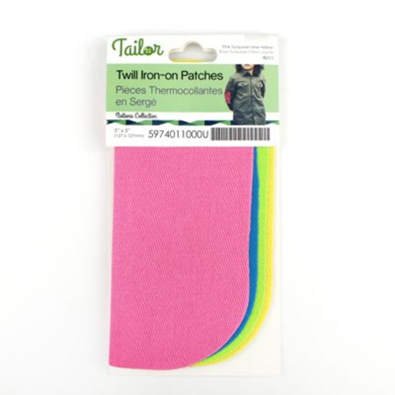 4 TWILL IRON ON PATCHES PINK, TURQUOISE, LIME GREEN, YELLOW