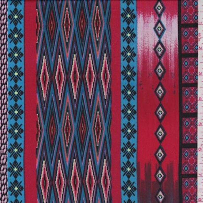 1 1/2 YD PC-Red/Teal Geo Stripe Crepe De Chine Fabric