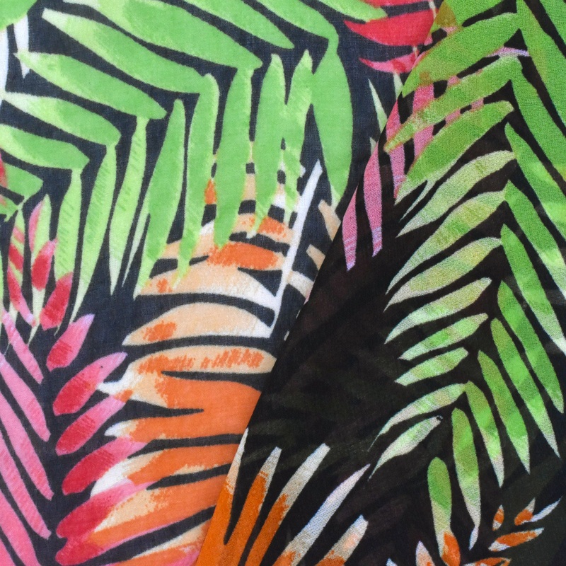 1 1/4 YD PC-Classic Black-Green-Multi Palm Leaves Printed Poly Chiffon Woven Fabric