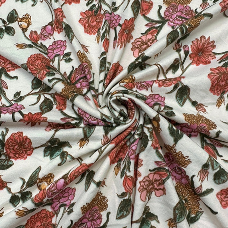 1 7/8 YD PC-Ivory Floral Double Brushed Jersey Knit Fabric