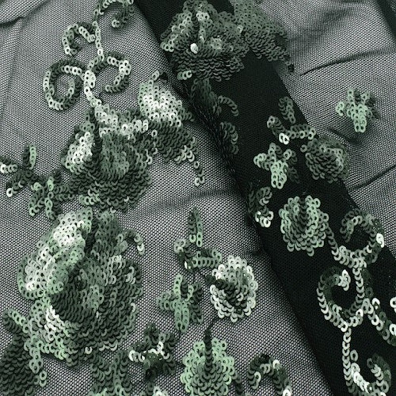 1 1/2 YD PC-Black/Deep Green Floral Sequined Stretch Mesh Fabric