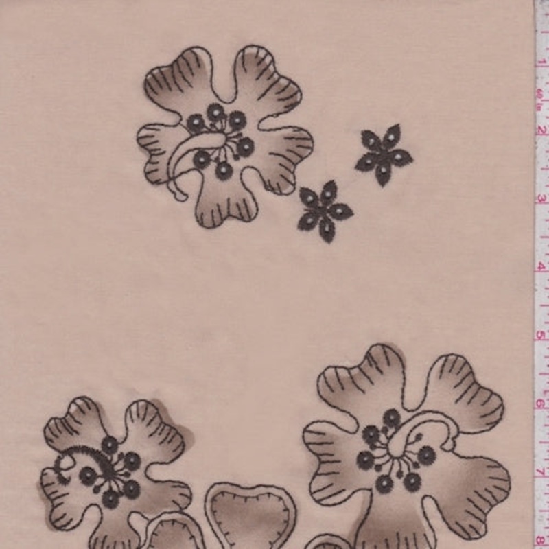 1 3/4 YD PC-Beige/Mocha Embroidered Hibiscus Lawn Fabric