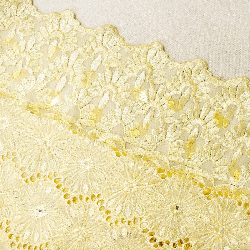 Yellow Polyester African Embroidery Floral  Rhinestone Scallop Woven Fabric