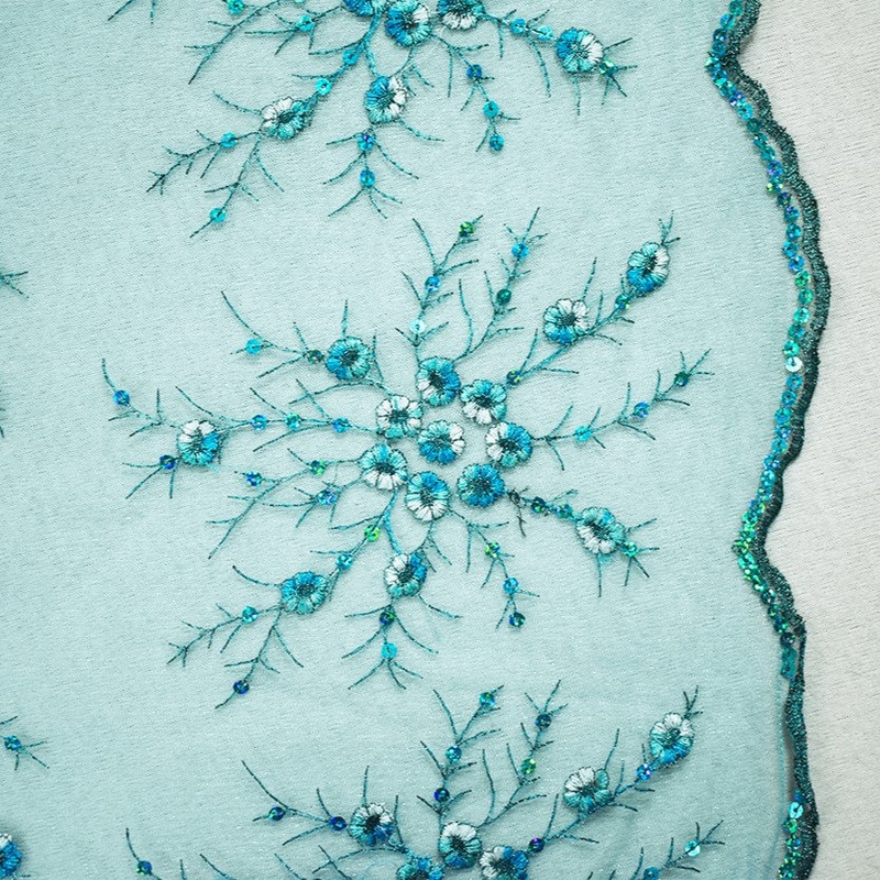Aqua Teal-White Nylon Embroidered Floral Sequin Scallop Mesh Tulle Fabric