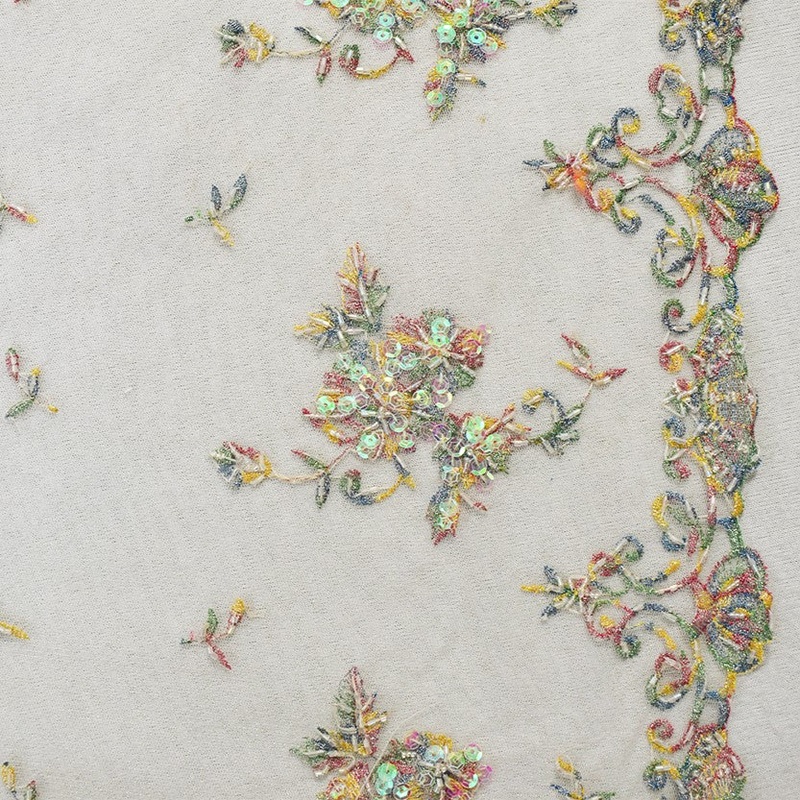 White-Red-Multi Nylon Embroidered Beaded Floral Scallop Mesh Tulle Fabric