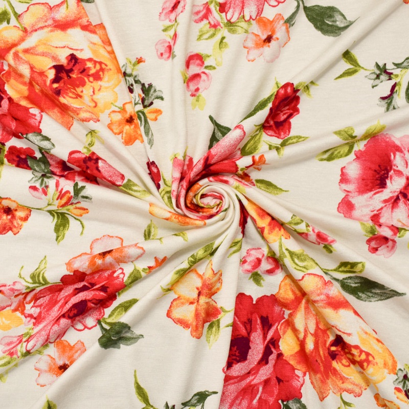 White-Pink-Multi Rayon Modal Floral Printed Stretch Spandex Jersey Knit Fabric