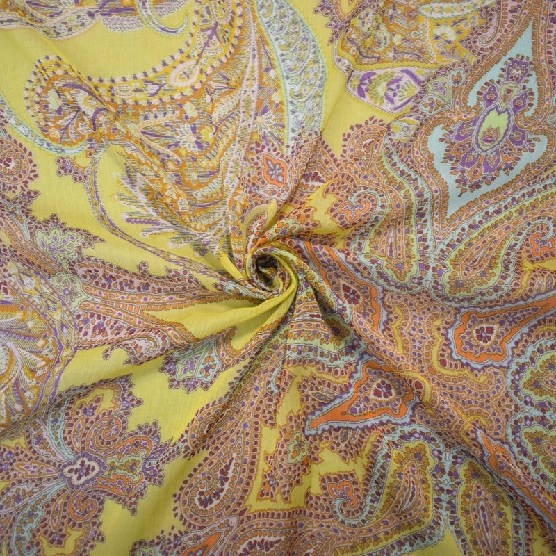 Yellow-Beige-Multi Poly Paisley Printed Crinkle Yoryu Chiffon Woven Fabric