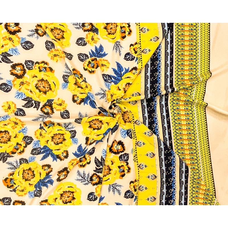 Yellow-Blue-Multi Poly Floral Printed Pebble Crepe Woven Fabric
