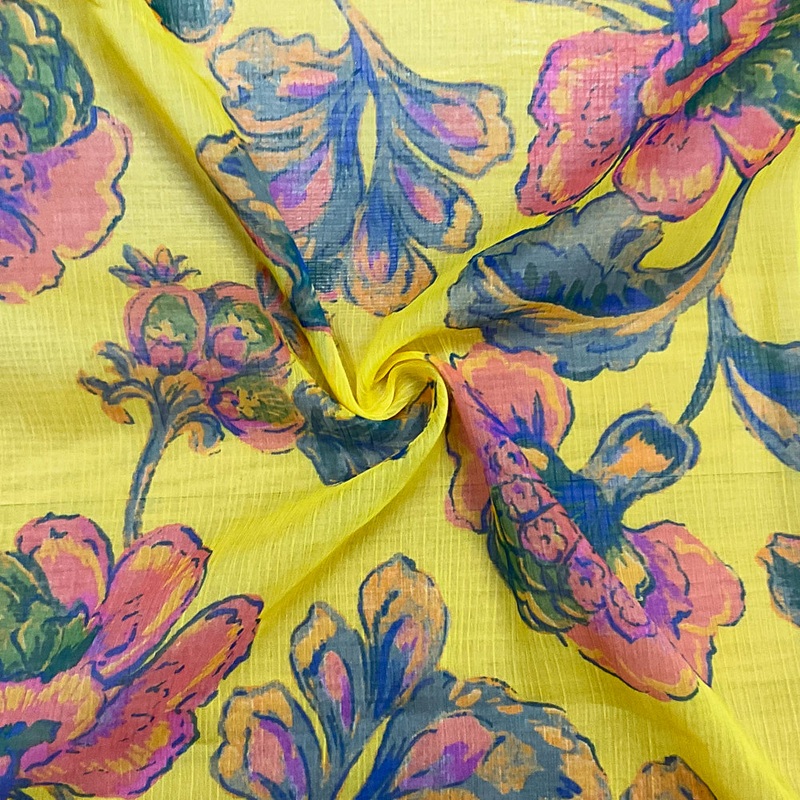 Yellow-Pink-Multi Poly Floral Printed Crinkle Yoryu Chiffon Woven Fabric