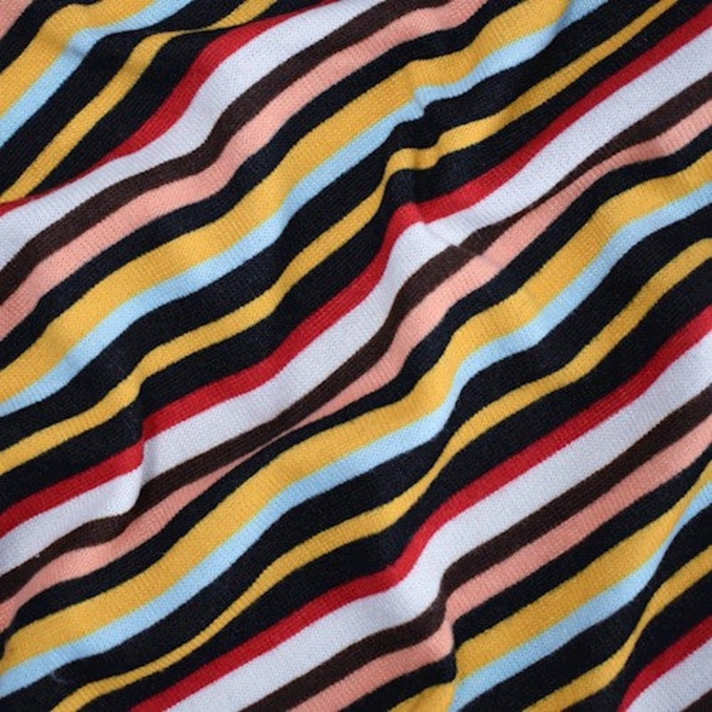 Yellow/Red/Black/Multi Striped Printed Jersey Knit Fabric