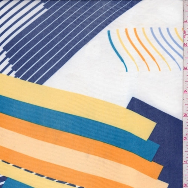 White/Navy Multi Abstract Stripe Power Mesh Fabric