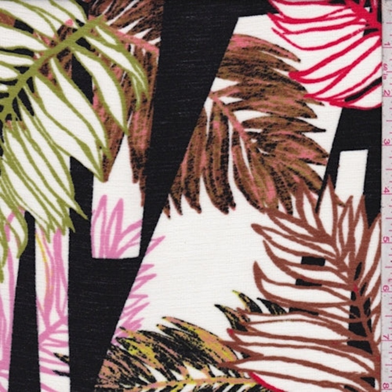 White/Pink/Brown Multi Leaf Crinkled Crepe Fabric