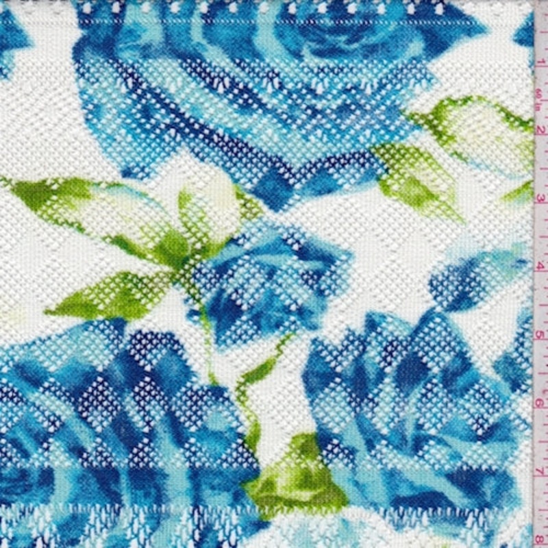 White/Royal Floral Pointelle Knit Fabric