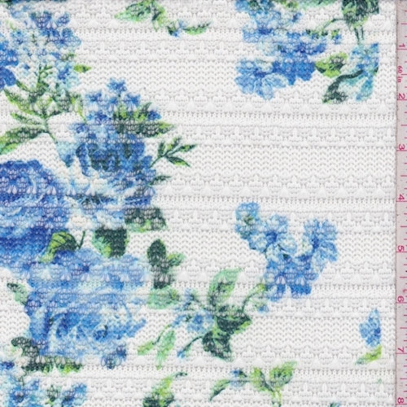 White/Sapphire Floral Pointelle Knit Fabric