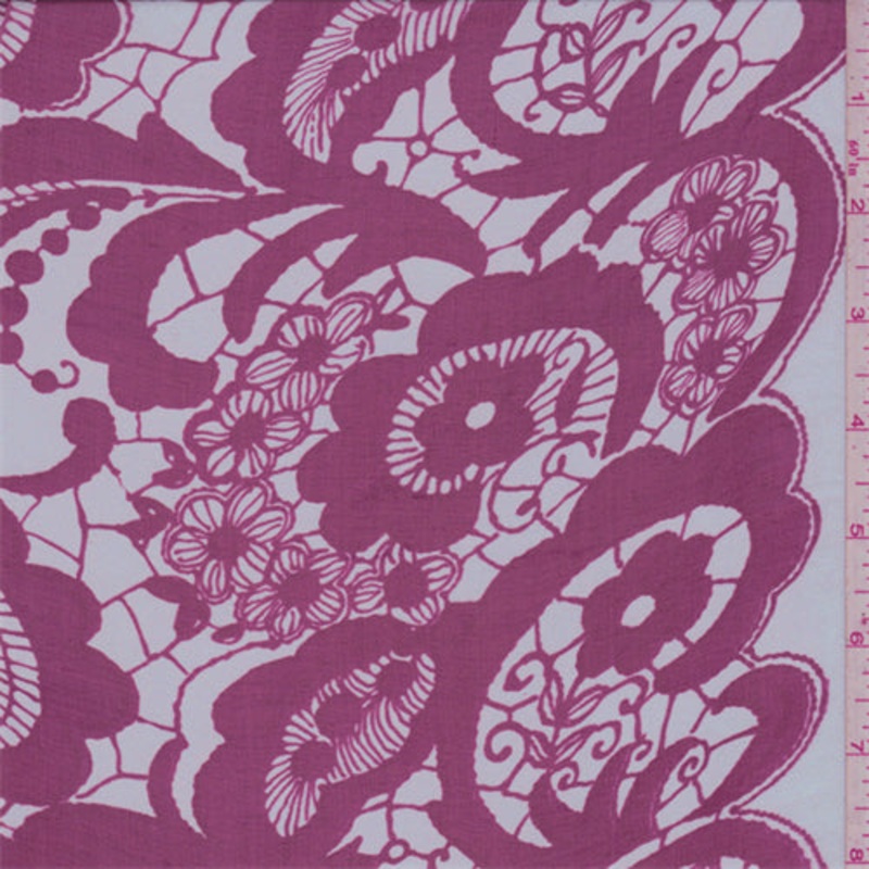 White/Fuschia Lace Print Silk Chiffon Fabric