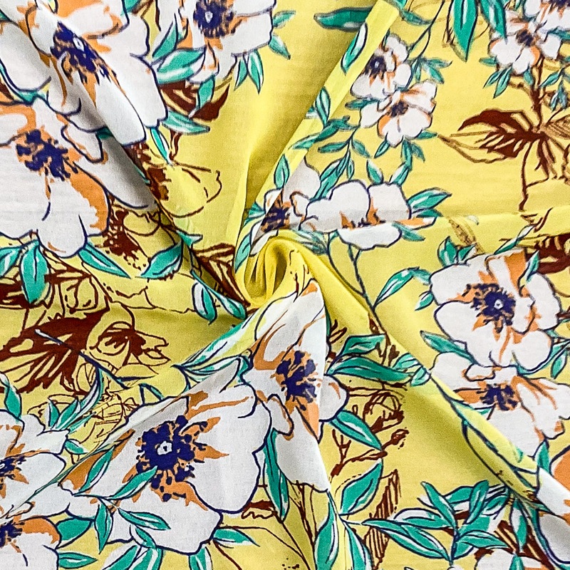 Yellow-Green-Multi Poly Floral Printed Chiffon Woven Fabric
