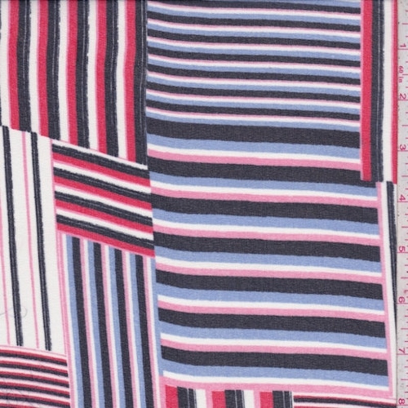 White/Red/Navy Linear Patch Crepe Georgette Fabric