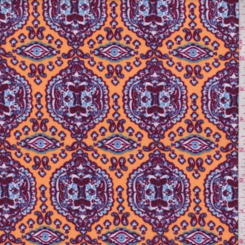 Antique Gold/Plum Medallion Double Brushed Jersey Knit Fabric