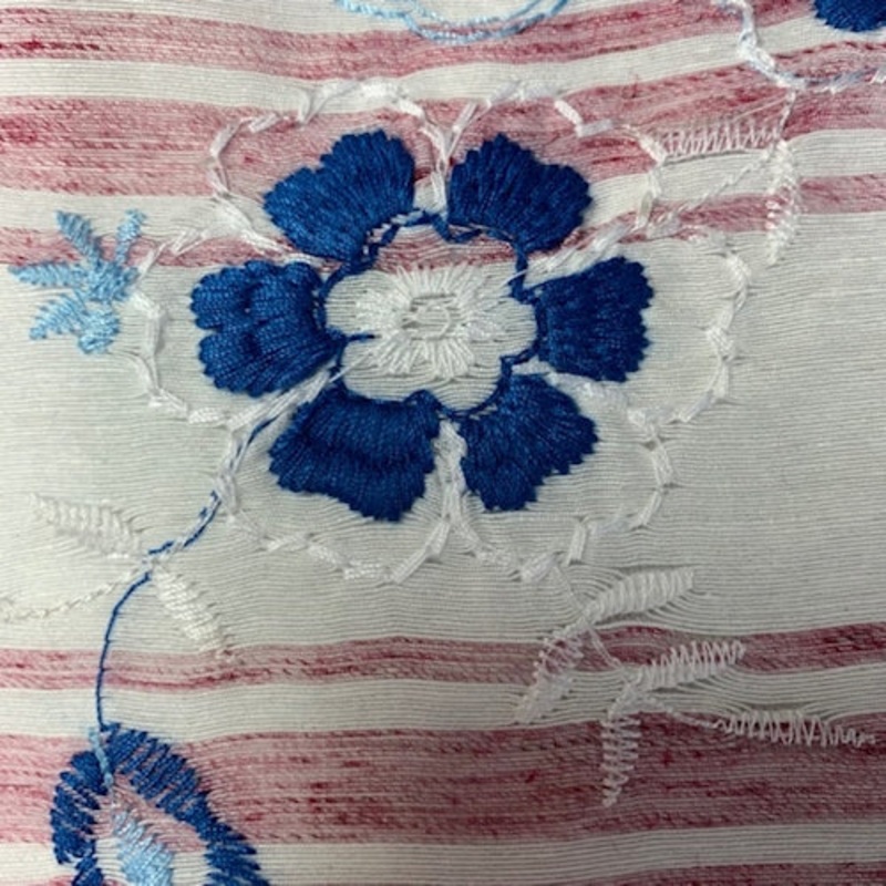 White/Brick Stripe Embroidered Floral Linen Look Fabric