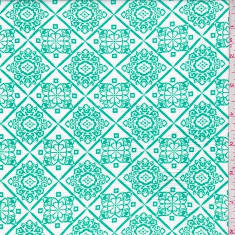 White/Spring Green Medallion Lattice Crinkled Gauze Fabric