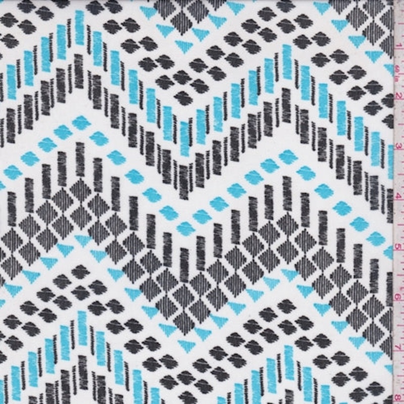 White/Turquoise/Black Geo Chevron Crepe Georgette Fabric
