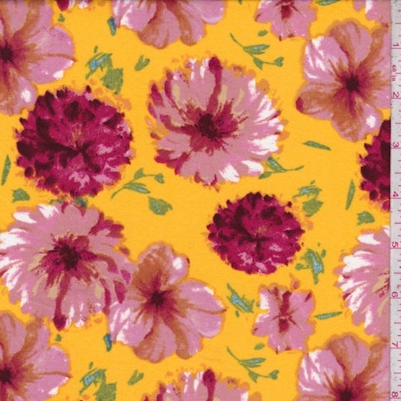 Yellow Gold/Mauve Floral Double Brushed Jersey Knit Fabric
