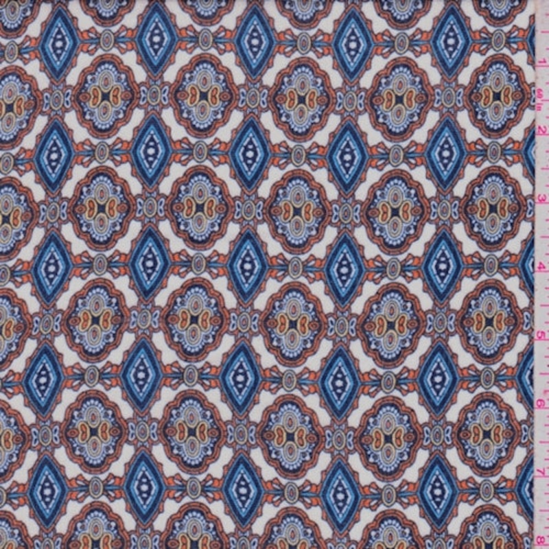 White/Pumpkin/Navy Trefoil Medallion Crepon Fabric