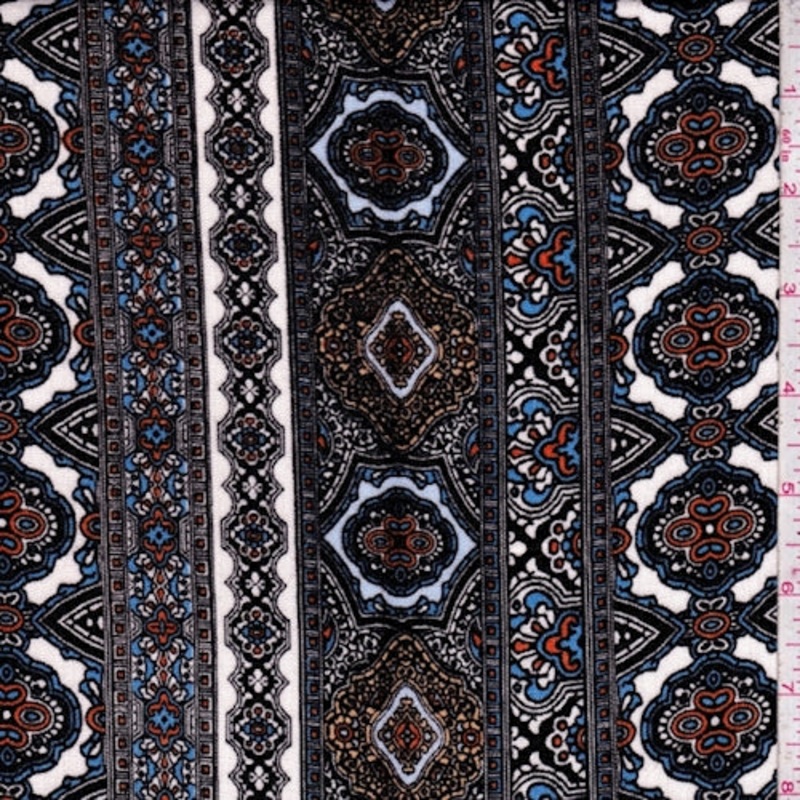 White/Sky/Black Medallion Stripe Crinkled Gauze Fabric