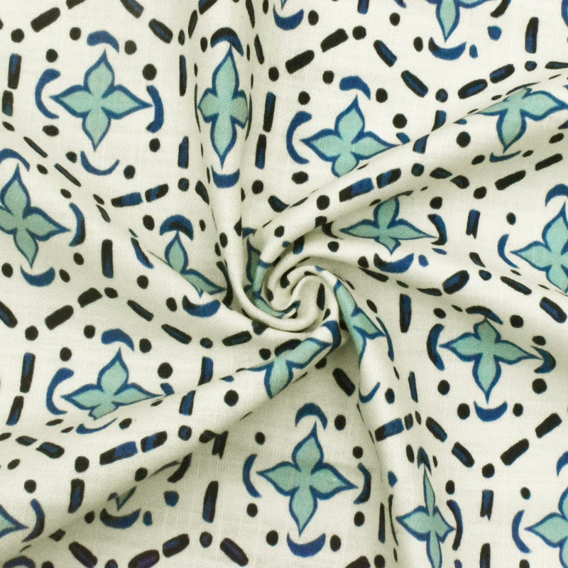 Aqua Teal-Blue Abstract Tile Printed Slub Woven Decorating Fabric