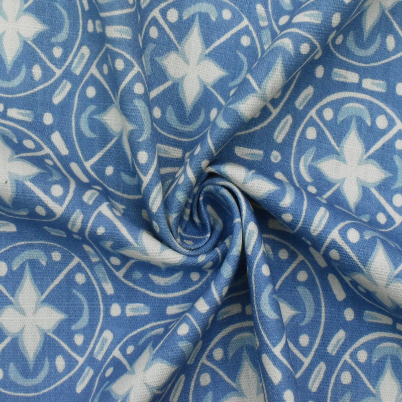 Winter Blue-Ivory Abstract Tile Printed Slub Home Decorating Fabric